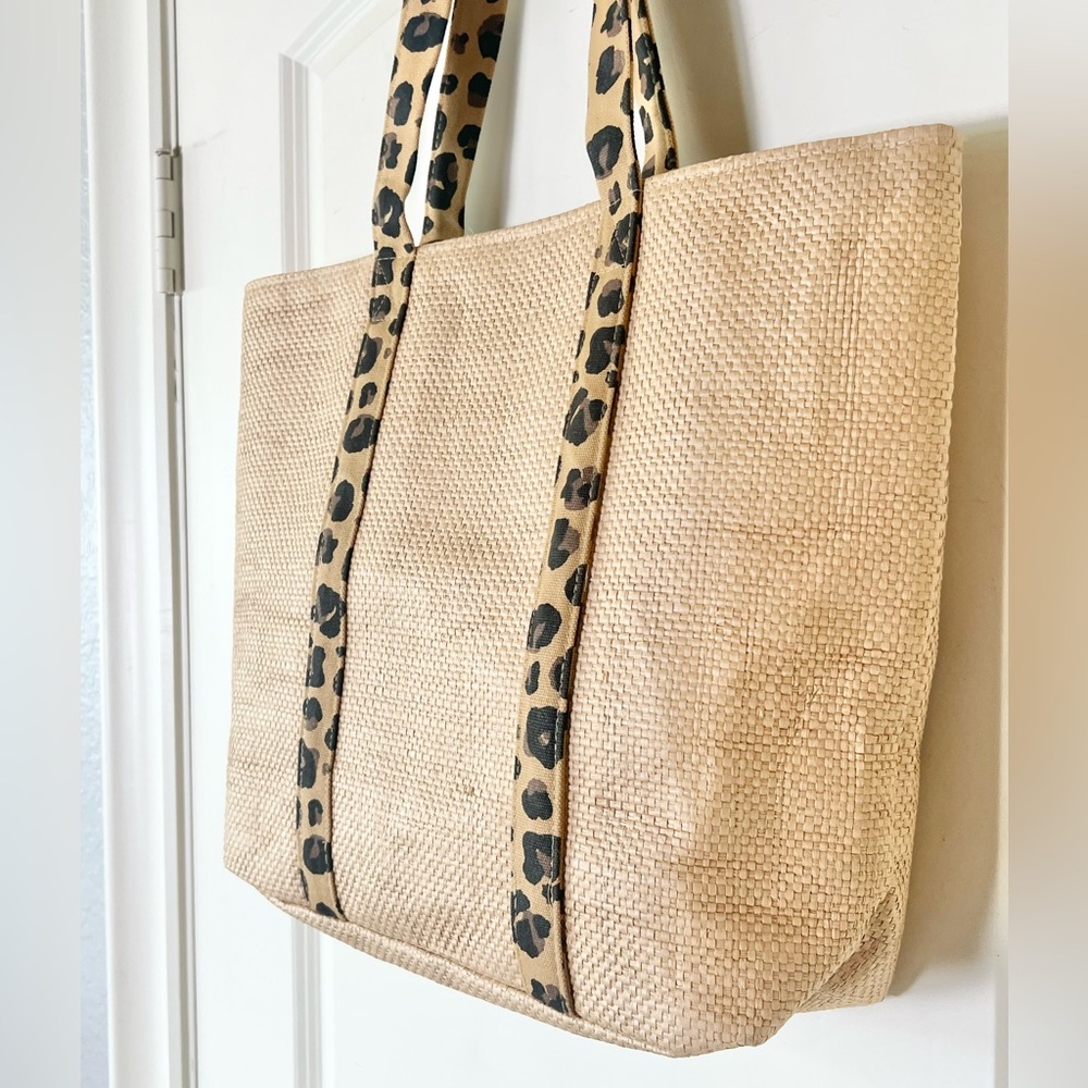 Mud Pie Straw Beach Tote Bag Leopard Print Straps with Sun Hat Holder - Picture 7 of 9